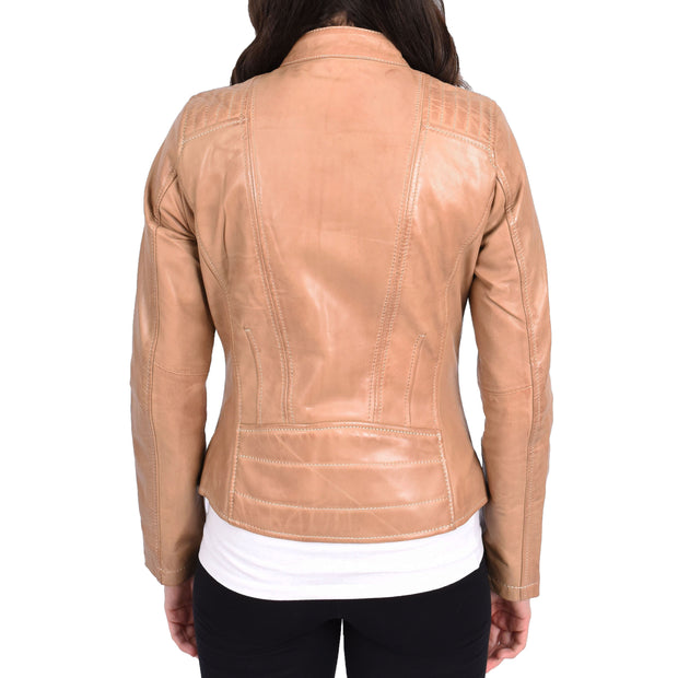 Womens Soft Leather Jacket Beige Casual Fitted Trendy Biker Style Jadie