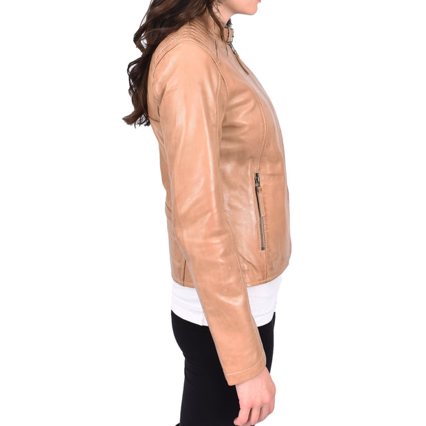 Womens Soft Leather Jacket Beige Casual Fitted Trendy Biker Style Jadie