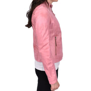 Womens Soft Leather Jacket Baby Pink Casual Fitted Trendy Biker Style Jadie