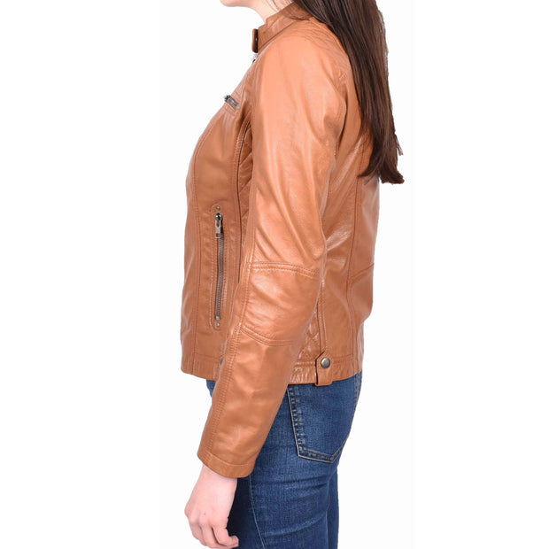 Womens Real Tan Leather Jacket Casual Fashion Zip Fasten Biker Style Outerwear Alora