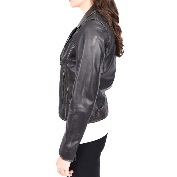 Womens Fitted Real Vintage Rub Off Leather Designer Biker Jacket Myla