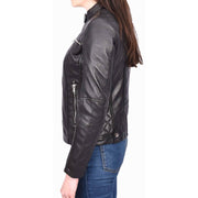 Womens Real Black Leather Jacket Casual Fashion Zip Fasten Biker Style Outerwear Alora