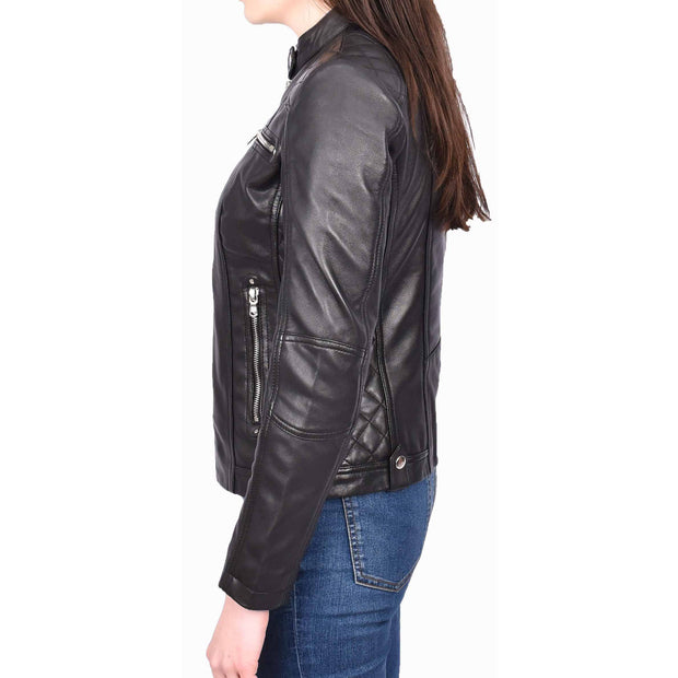 Womens Real Black Leather Jacket Casual Fashion Zip Fasten Biker Style Outerwear Alora