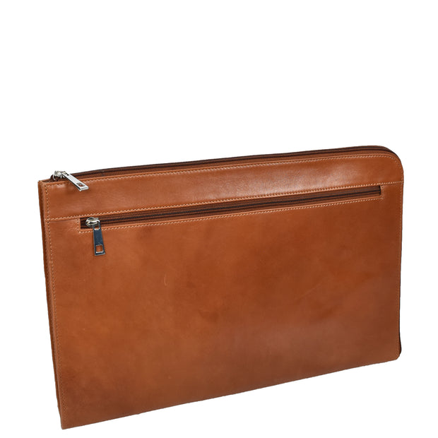 Genuine Cognac Leather Folio Bag Zip Around Clutch Document Holder Office Bag Agent