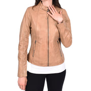 Womens Soft Leather Jacket Beige Casual Fitted Trendy Biker Style Jadie