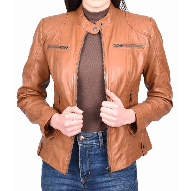 Womens Real Tan Leather Jacket Casual Fashion Zip Fasten Biker Style Outerwear Alora