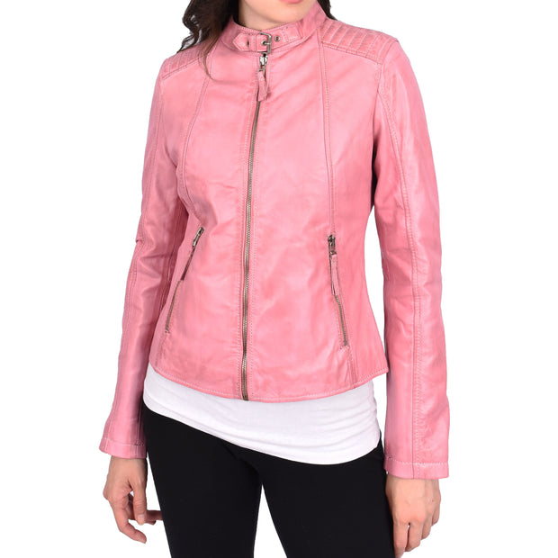 Womens Soft Leather Jacket Baby Pink Casual Fitted Trendy Biker Style Jadie