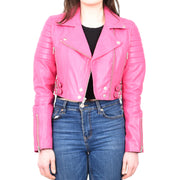 Womens Fitted Cropped Bustier Style Leather Jacket Amanda Pink