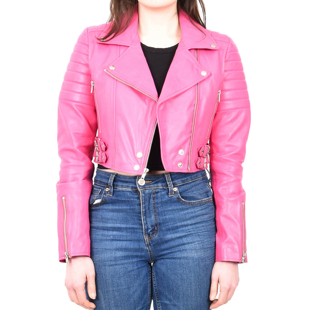 Womens Fitted Cropped Bustier Style Leather Jacket Amanda Pink