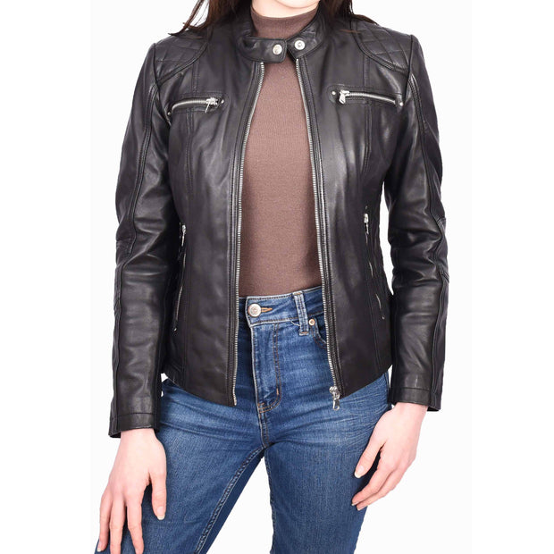 Womens Real Black Leather Jacket Casual Fashion Zip Fasten Biker Style Outerwear Alora