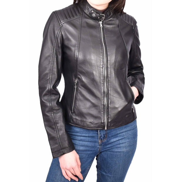 Womens Soft Leather Jacket Black Casual Fitted Trendy Biker Style Jadie