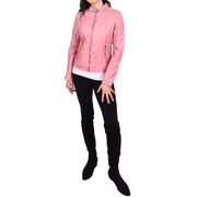 Womens Soft Leather Jacket Baby Pink Casual Fitted Trendy Biker Style Jadie