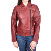 Womens Leather Biker Jackets Asymmetrical Zip Quilted Trendy Design Maeve Burgundy