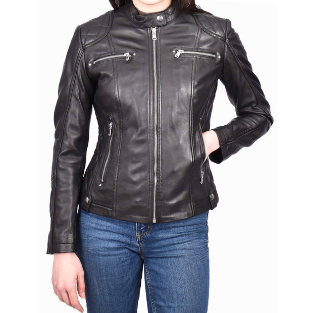 Womens Real Black Leather Jacket Casual Fashion Zip Fasten Biker Style Outerwear Alora