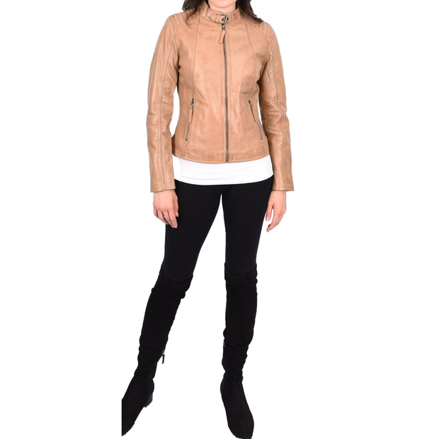 Womens Soft Leather Jacket Beige Casual Fitted Trendy Biker Style Jadie