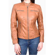 Womens Real Tan Leather Jacket Casual Fashion Zip Fasten Biker Style Outerwear Alora