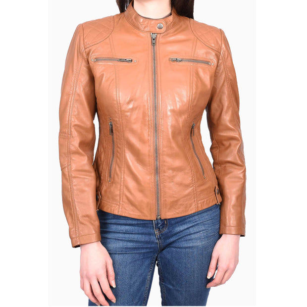 Womens Real Tan Leather Jacket Casual Fashion Zip Fasten Biker Style Outerwear Alora