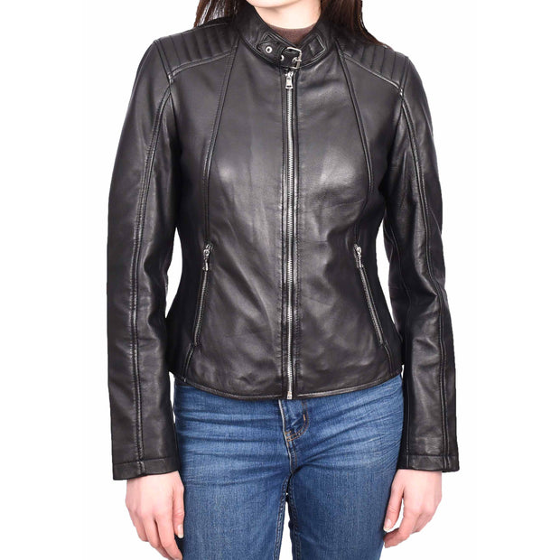 Womens Soft Leather Jacket Black Casual Fitted Trendy Biker Style Jadie