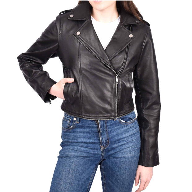 Womens Real Leather Jackets 2 in 1 Style Biker Bolero Zip Off Design Arden Black