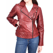 Womens Leather Biker Jackets Asymmetrical Zip Quilted Trendy Design Maeve Burgundy