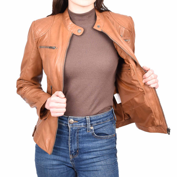 Womens Real Tan Leather Jacket Casual Fashion Zip Fasten Biker Style Outerwear Alora