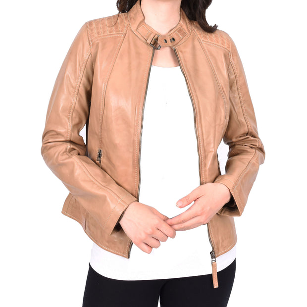 Womens Soft Leather Jacket Beige Casual Fitted Trendy Biker Style Jadie