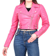 Womens Fitted Cropped Bustier Style Leather Jacket Amanda Pink