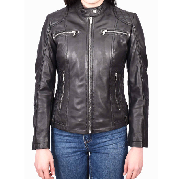 Womens Real Black Leather Jacket Casual Fashion Zip Fasten Biker Style Outerwear Alora