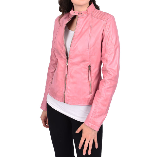 Womens Soft Leather Jacket Baby Pink Casual Fitted Trendy Biker Style Jadie