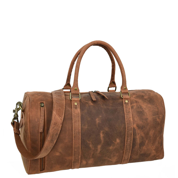 Distressed Leather Duffle Bag Weekend Travel Holdall Sports Gym Kitbag Cognac