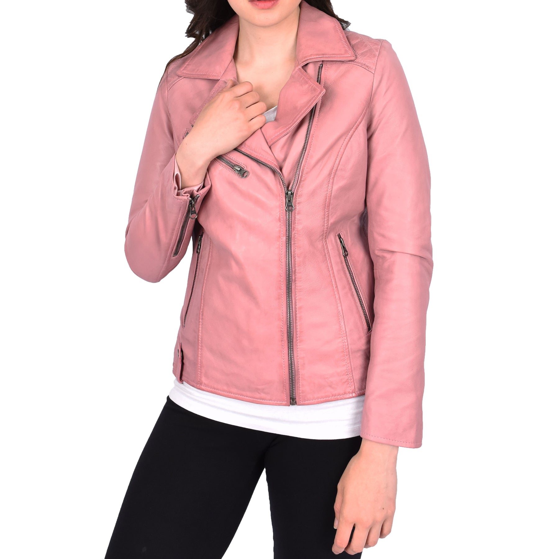 Pink leather moto jacket best sale