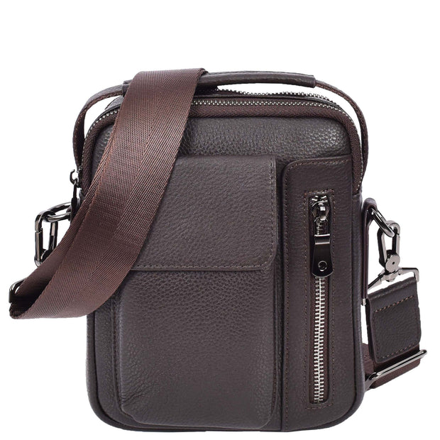 Mens Real Leather Messenger Bag Multiple Zip Pockets Sling Organiser Bag AYD8 Brown