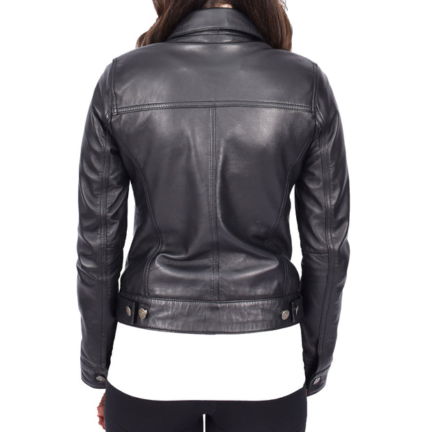 Womens Black Soft Leather Trucker Jacket Fitted Casual Style Zoey