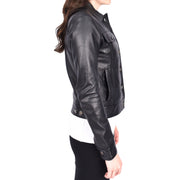 Womens Black Soft Leather Trucker Jacket Fitted Casual Style Zoey