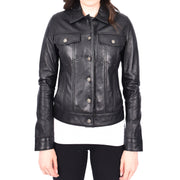 Womens Black Soft Leather Trucker Jacket Fitted Casual Style Zoey