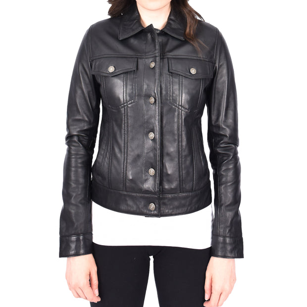 Womens Black Soft Leather Trucker Jacket Fitted Casual Style Zoey