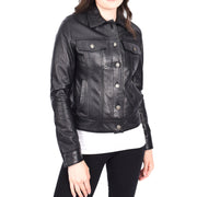 Womens Black Soft Leather Trucker Jacket Fitted Casual Style Zoey