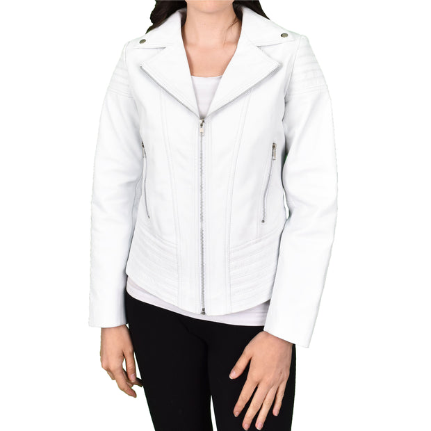 Womens Real Leather Biker Jackets Casual Fashion Outerwear Sonya White-1