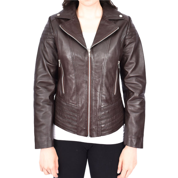 Womens Real Leather Biker Jackets Casual Fashion Outerwear Sonya Brown-1