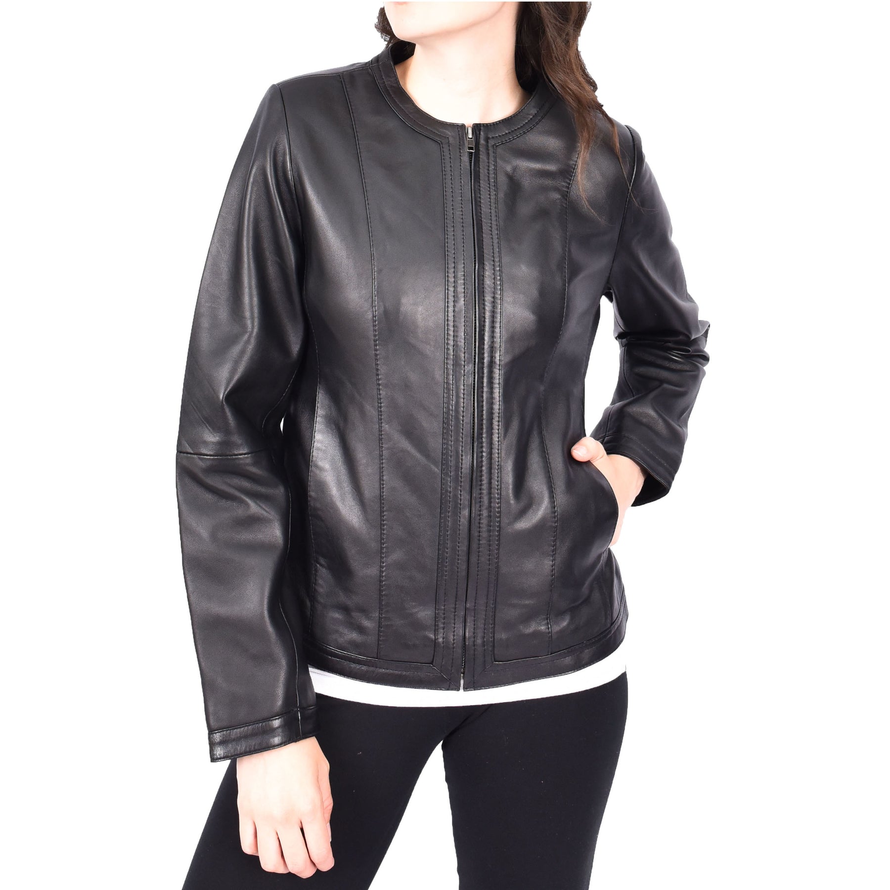 Womens Collarless Neckline Black Leather Jacket A1 Fashion Goods