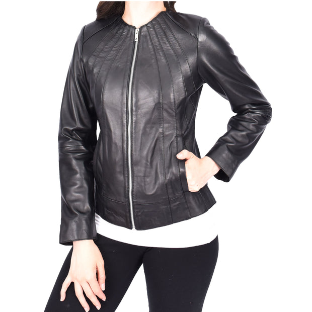 Womens Real Black Leather Jacket Collarless Round Neckline Casual Fitted Zip Fasten Biker Style Melody