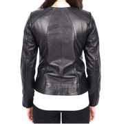 Womens Real Black Leather Jacket Collarless Round Neckline Casual Fitted Zip Fasten Biker Style Melody