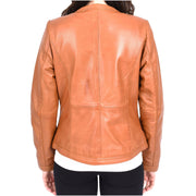 Womens Collarless Tan Leather Jacket Round Neckline Casual Fitted Zip Fasten Fia