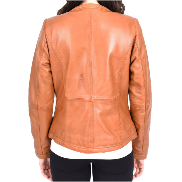 Womens Collarless Tan Leather Jacket Round Neckline Casual Fitted Zip Fasten Fia