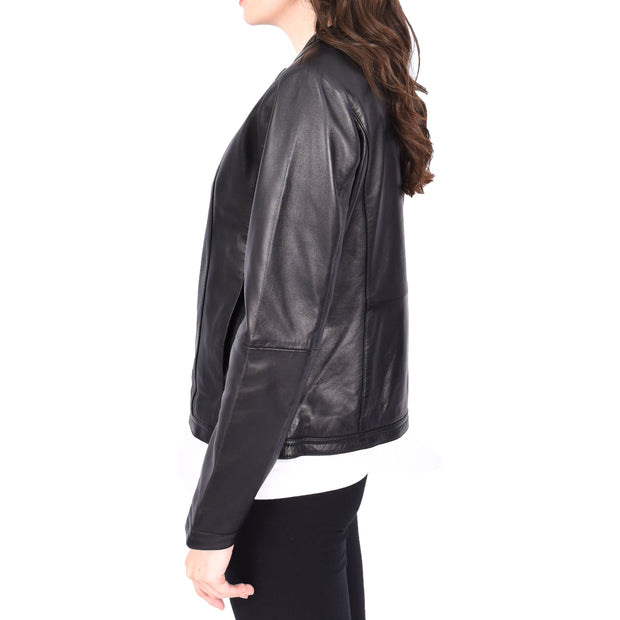 Womens Collarless Black Leather Jacket Round Neckline Casual Fitted Zip Fasten Fia