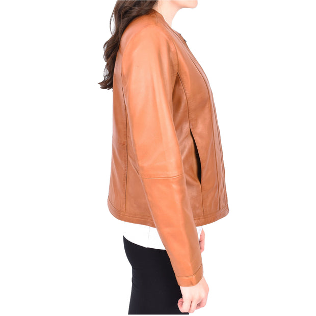 Womens Collarless Tan Leather Jacket Round Neckline Casual Fitted Zip Fasten Fia