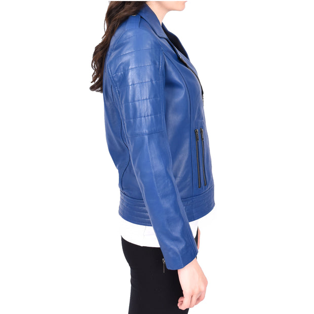 Womens Genuine Soft Blue Leather Biker Style Jackets Fitted Zip Fasten Wendy