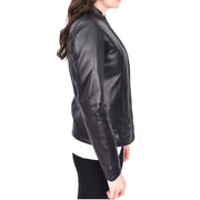 Womens Tailored Fit Band Collar Zip Up Biker Leather Jacket Honey Black-3