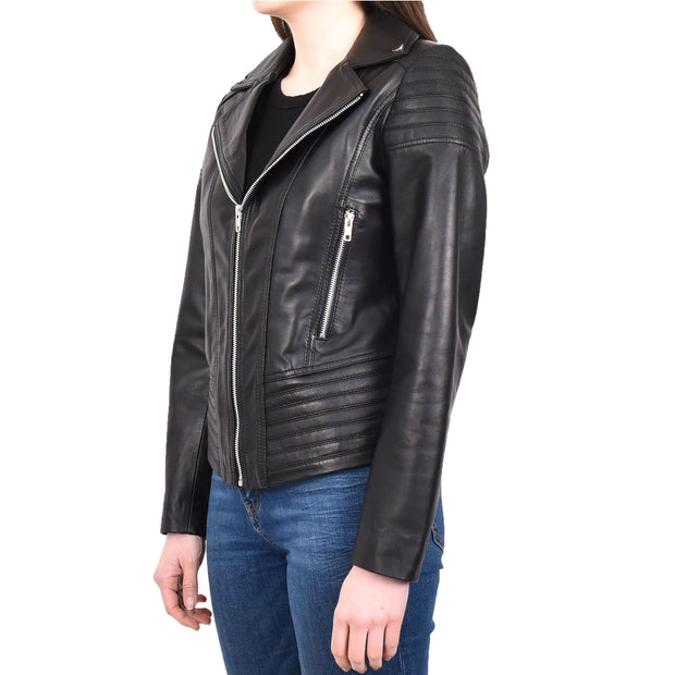 Womens Real Leather Biker Jackets Casual Fashion Outerwear Sonya Black-3