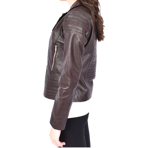 Womens Real Leather Biker Jackets Casual Fashion Outerwear Sonya Brown-3